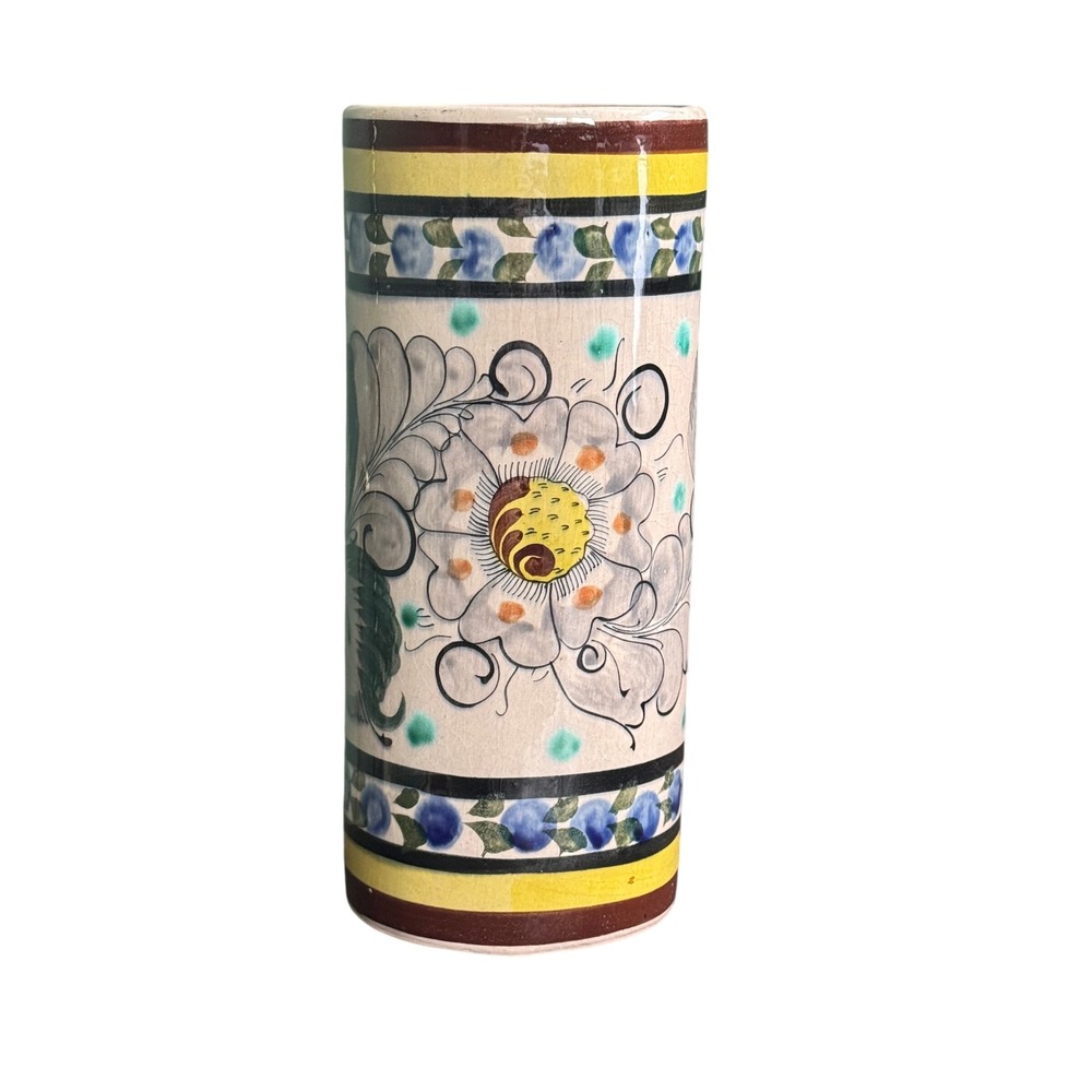 Vintage Tonala Mexico Hand Painted Pottery Cylinder Vase Floral Folk Art Signed